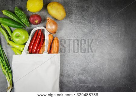 Fresh Vegetables And Fruit Organic In Eco Cotton Fabric Bags On Table Tote Canvas Cloth Bag From Mar