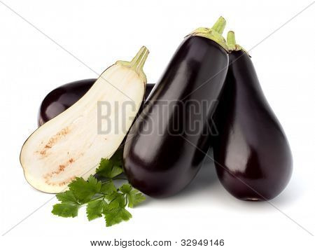eggplant or aubergine and parsley leaf on white background