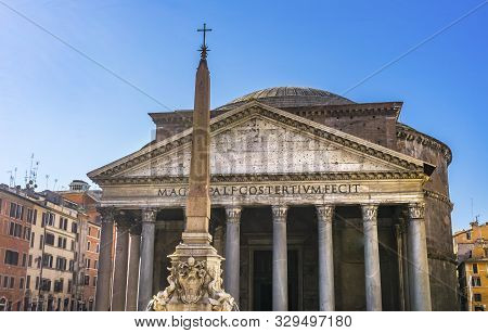 Obelisk Della Porta Fountain Piazza Della Rotunda Pantheon Rome Italy.  Fountain Created In 1575 By 