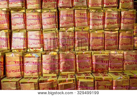 Nantou, Taiwan - September 27th, 2019: chinese joss gold papers at Zi Nan Temple, Nantou, Taiwan, Asia