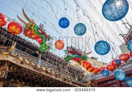Lukang, Taiwan - October 18th, 2019: dragon lanterns Lukang Tianhou Temple, also known as Mazu Temple at Changhua, Taiwan
