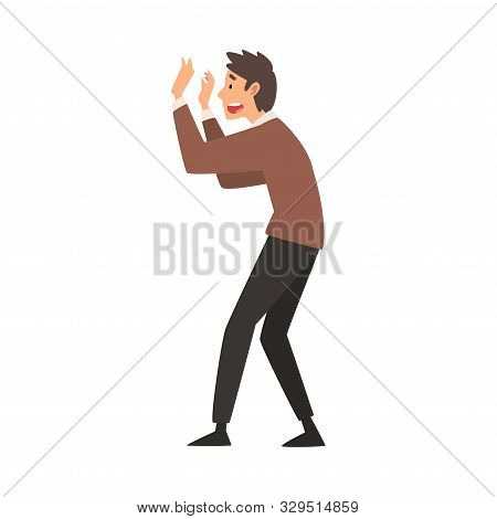 Scared And Terrified Man Doing Stop Gesture, Emotional Frightened Person Character Afraid Of Somethi