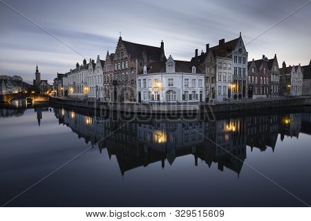The Mirrorrey In Bruges  (belgium)during The Blue Hour. One Of The Hotspots In Bruges For The Touris