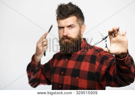 Barber Scissors Bearded Man Lush Beard Handsome Mens Haircut Man In Barbershop Hipster Brutal Male Mens Haircut Vintage Barbershop Barber Shop Shaving Sexy Male Poster Id 329515909