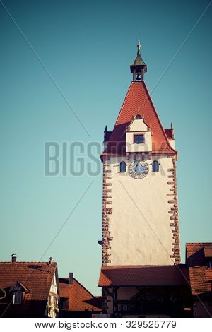 View of a tower in the village of Gengenbach, Germany.