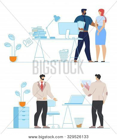 Cartoon Diverse Multiracial Office People Coworking Set. Boss Chief And Employee. Teambuilding. Work