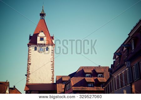 View of a tower in the village of Gengenbach, Germany.