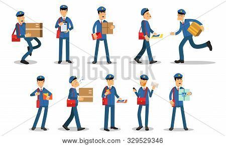Daily Routine Of Postman In Uniform. Delivery Letters And Parcels. Vector Illustration Set Isolated 