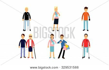 Disabled People On Crutches Or With Prosthesis In Different Poses And Actions Vector Illustration Se
