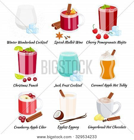 Set Of Cristmas Cocktails Flat Vector Illustration Isolated On White Background