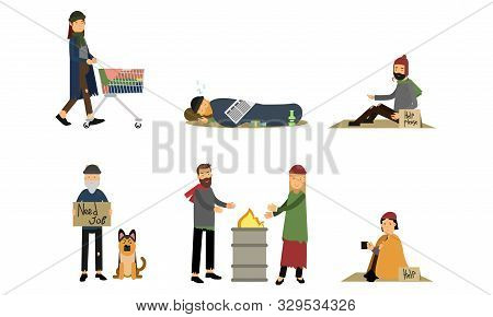 Various Actions Of Poor And Homeless Characters On The Street Vector Illustration Set Isolated On Wh