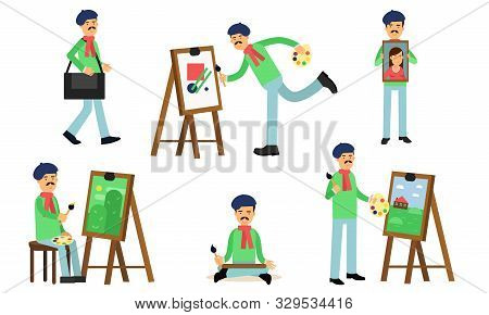 The Artist Is Seeking Inspiration And Drawing Paintings In Different Styles On Canvas Vector Illustr