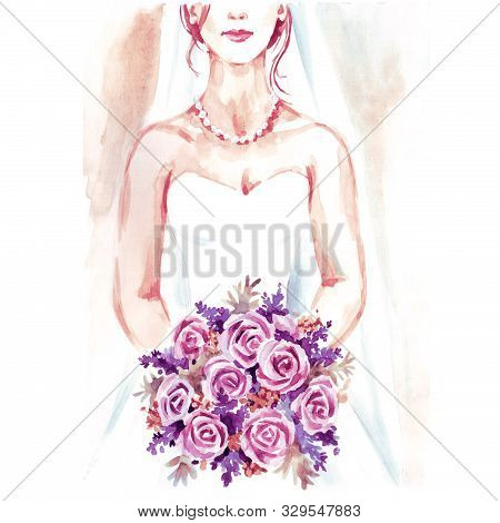 Bride With Bouquet, Hand Paint Watercolor Illustration, Wedding Background For Card, Bridal Shower, 