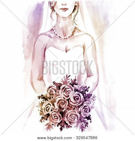 Bride With Bouquet, Hand Paint Watercolor Illustration, Wedding Background For Card, Bridal Shower, 