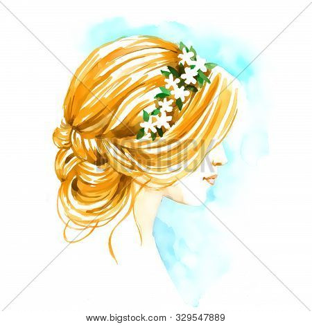 Bride With Bouquet, Hand Paint Watercolor Illustration, Wedding Background For Card, Bridal Shower, 