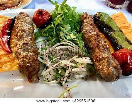 Turkish Kebab Served With Plate As Portion At Local Restaurant.