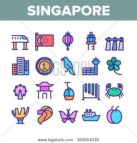 Singapore Collection Traditional Icons Set Vector Thin Line. Flag And Scyscraper, Crab And Parrot, B
