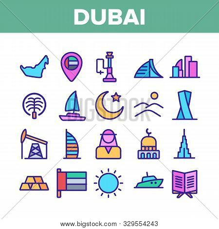 Dubai Collection Traditional Icons Set Vector Thin Line. Sun And Desert, Boat And Flag, Gold And Oil
