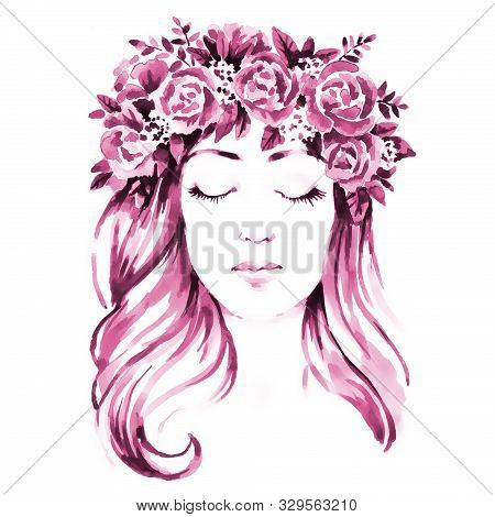 Girl In Floral Wreath, Hand Paint Watercolor Illustration