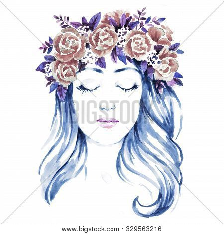 Girl In Floral Wreath, Hand Paint Watercolor Illustration, Wedding Background For Card, Bridal Showe