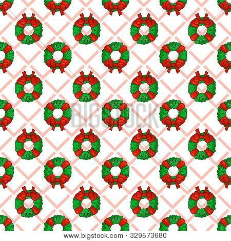 Christmas Seamless Pattern With Floral Green Firry Wreath On Geometric Background, Endless Texture F