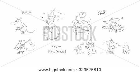 Cute Cartoon Rats. Greeting Card. Chinese Zodiac Sign Year Of Rat. New Year 2020. Animal Cartoon Cha
