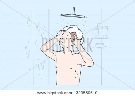 Personal Hygiene And Cleanliness, Daily Body Care Routine, Bathroom Habit Concept. Man Washing Hair 