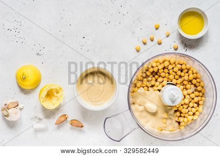 Hummus Ingredients, Houmous Being Made In A Food Processor, Copy Space For Your Text