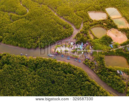 Aerial Top View Of Samet Nangshe And Tropical Green Forest Trees At Sunset With Andaman Sea In Phang