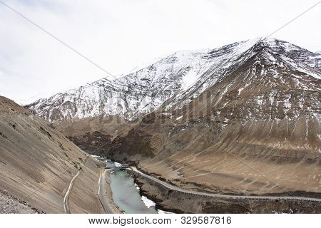 View Landscape Himalayas Range Mountain With Confluence Of The Indus And Zanskar Rivers From On Srin