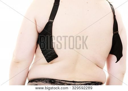 Woman Back View Putting On Her Bra Lingerie.
