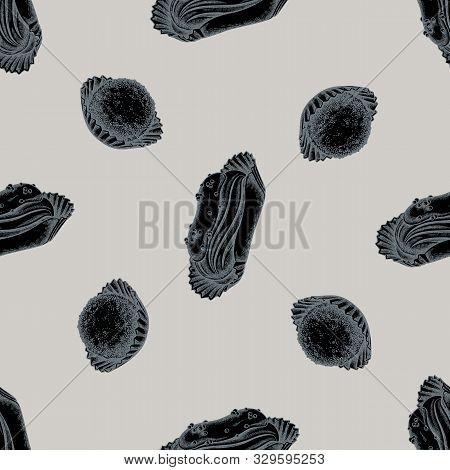Seamless Pattern With Hand Drawn Stylized Eclair, Truffle Stock Illustration