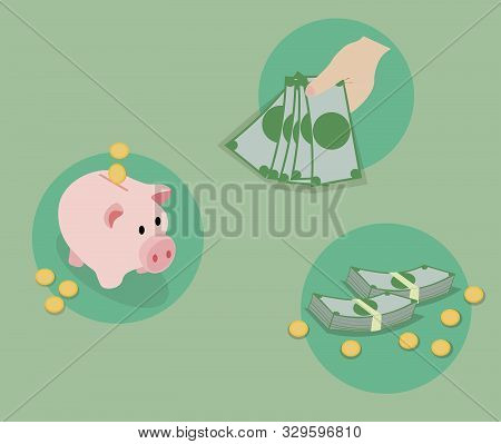 Packing In Bundles Of Bank Notes, Gold Coins.flat Vector Cartoon Money Illustration.