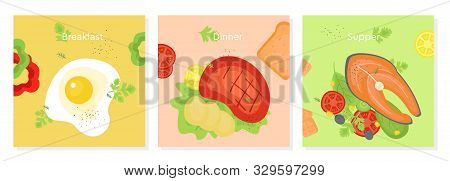 Set Of Delicious Breakfast, Ginner And Supper. Doodle Color Illustration Of Food For The Day