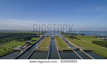 Volkeraksluizen Hollands Diep. Drone Photograpy From The Delta Works In The Netherlands In The Nethe