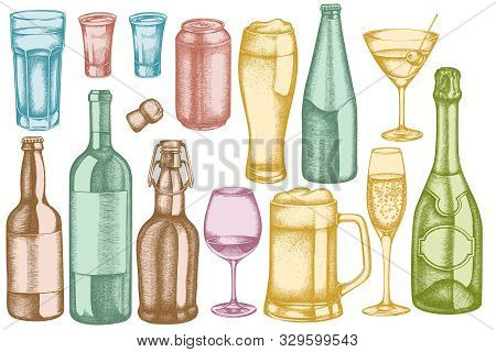 Vector Set Of Hand Drawn Pastel Glass, Champagne, Mug Of Beer, Alcohol Shot, Bottles Of Beer, Bottle