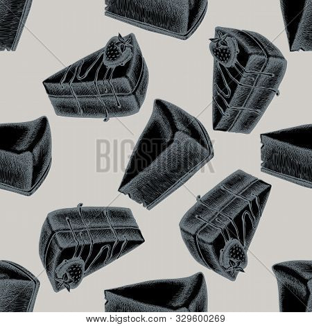 Seamless Pattern With Hand Drawn Stylized Cheesecake, Cake Stock Illustration