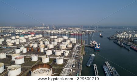 Port Of Rotterdam. Botlek. Oil Refinery Plant From Industry Zone, Aerial View Oil And Gas Industrial