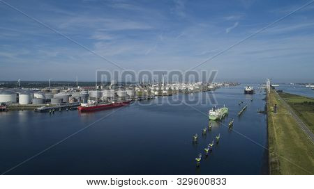 Port Of Rotterdam. Botlek. Oil Refinery Plant From Industry Zone, Aerial View Oil And Gas Industrial