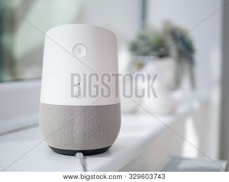 Uk, October 2019: Google Home On Windowsill In Home Setting