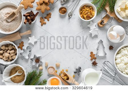 Christmas Or Xmas Baking Culinary Background. Ingredients For Cooking On Kitchen Table. New Year Or 