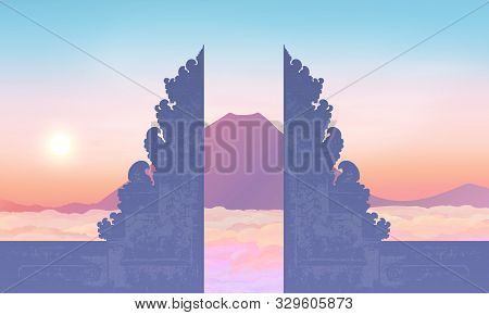Morning Sky With Mountain And Traditional Balinese Gate Silhouette, Vector Illustration