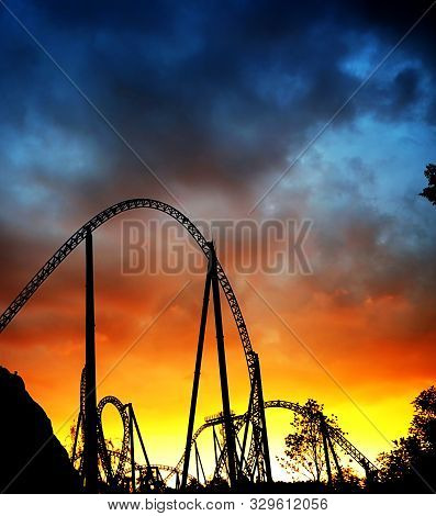 Roller Coaster Of A Large Amusement Park On The Bank Of Dianchi Lake, Sunset Time, Kunming, Yunnan.