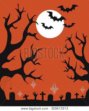 Halloween Background.  Wallpaper.  Graves, Zombie Arms Stick Out From Under The Ground, Ghosts, Bats