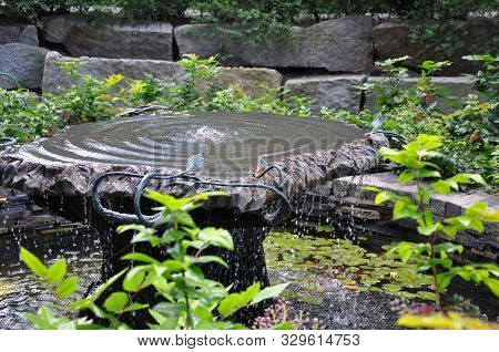 Easy Unobtrusive Fountain In The Park. A Bowl Of Water Fountain. Summer