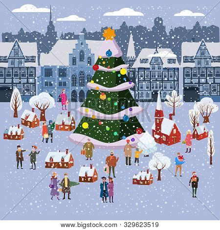 Christmas Market Or Holiday Winter Outdoor Fair On Oldtown Square Big New Year Tree Cityscape. Big S