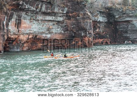 Bayfield, Wisconsin - October 19, 2019: A Group Of Happy, Smiling Kayakers Explore The Apostle Islan