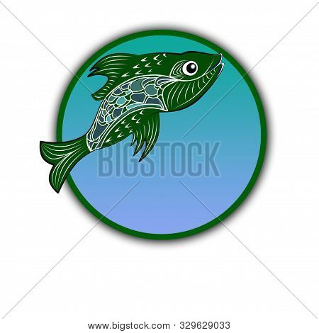Logo Fish In A Circle With A Marine Blue-green Background. Logo On A Fish Theme Made In A Circle - S