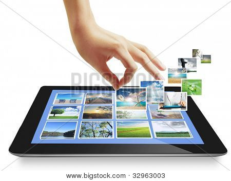 Touch tablet concept immagini in streaming da profondo isolato su sfondo bianco