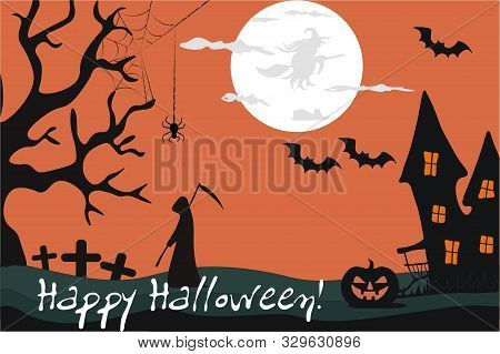 On An Orange Background Are The Silhouettes Of A Tree, A House, A Ghost, A Graveyard, A Spider And A